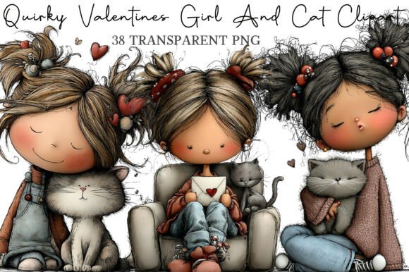 Download Quirky Valentines Girl and Cat Clipart - Premium Resources