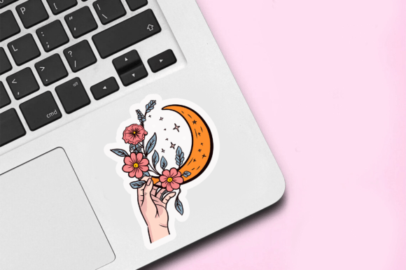 Download Moon with Flower and Hand Sticker Design - Premium Resources