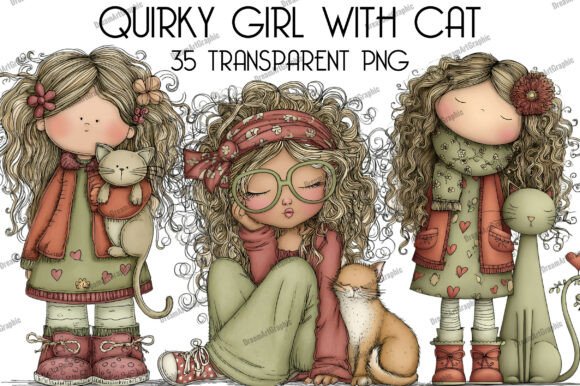 Download Quirky Girl with Cat Clipart - Premium Resources